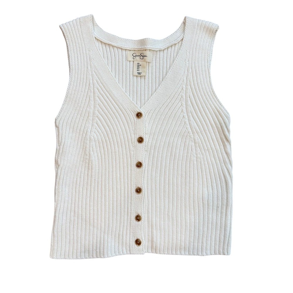 Jessica Simpson Womens Cream Ribbed Button Front Sweater Vest V-Neck Large